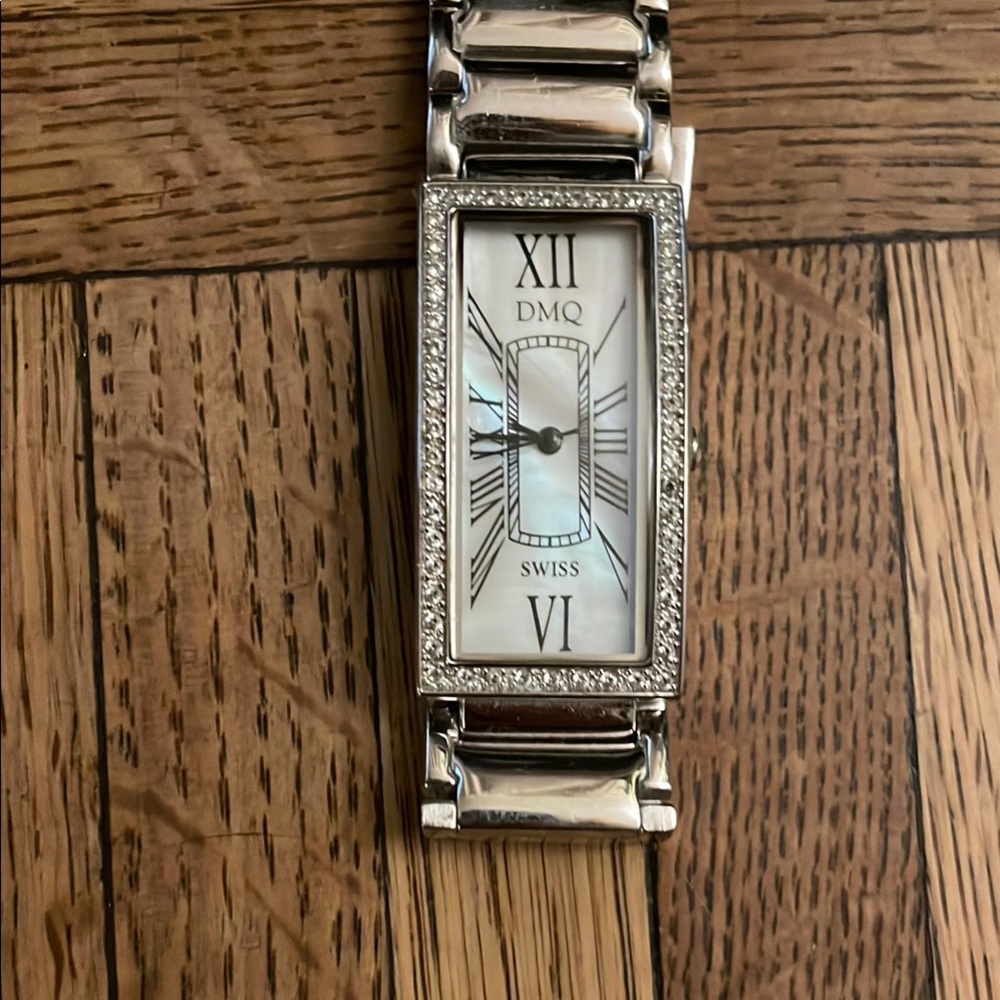 Elegant DMQ Silver Watch with CZ Accents